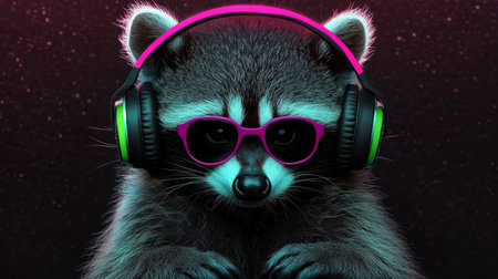 Neon Party Animal Raccoon with Headphones and Sunglasses, Isolated on Black Backgroundの素材