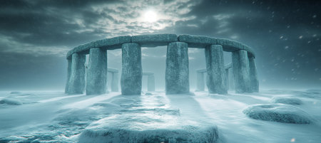Ancient Stone Circle Covered In Snow, A Mystical Winter Scene Of A Prehistoric Monumentの素材