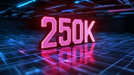 Glowing Digital 3D Number 250K in Futuristic Style on Blue Digital Abstract Backgroundの素材
