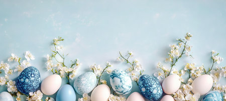 Stylish Easter eggs and delicate cherry blossom branches on light blue. Happy Holidays concept.の素材