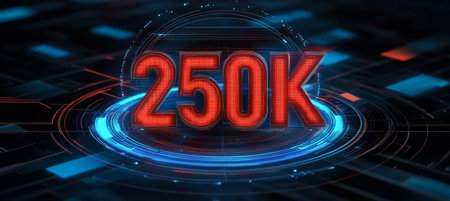 Glowing Digital 3D Number 250K On Futuristic Background With Abstract Technology. High-Tech Styleの素材