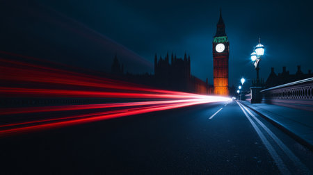 London s Famous Landmark Illuminated at Night with Red Light Trails, Urban Photography, Englandの素材