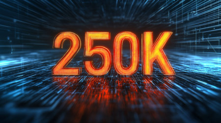 Glowing 3D Numbers 250K Against a Dynamic Blue and Orange Abstract Technology Backgroundの素材
