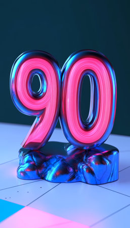 Vibrant, Glowing Purple and Pink Number 90 Candle on a Blue Background for Celebrationsの素材