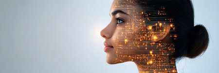 Digital Face. Abstract Woman Profile with Circuit Board Pattern, Artificial Intelligence Conceptの素材