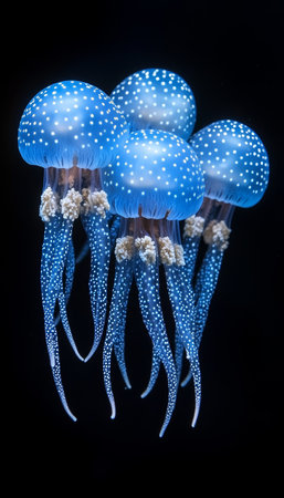 Bioluminescent Jellyfish, Captive Dance of Blue Light in Abyss Marine Wildlife Photographyの素材