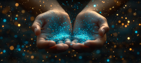 Hands Holding Glowing Blue Fairy Dust, Magic And Wonder Concept. High-Quality Stock Imageの素材