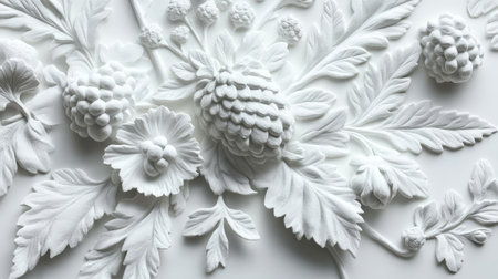 Intricate White Plaster Relief Sculpture with Delicate Floral Design, Architectural Detail Close Upの素材