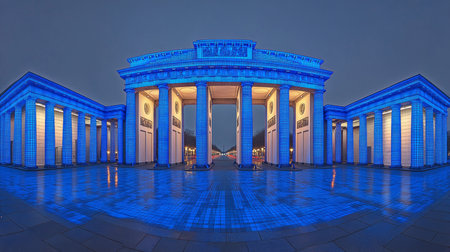 Blue Illuminated Archway with Columns in Perfect Symmetry, Grand Cityscape Night Architectureの素材