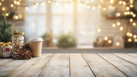 Christmas Cafe Scene, Festive Coffee Shop Background with Decorations and Copy Space on Wooden Tableの素材
