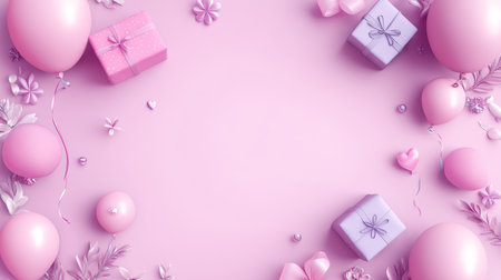 Pastel Purple Background, Balloons, Gift Boxes, Delicate Flowers, Birthday Celebrationの素材