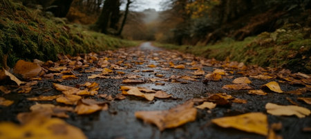 Autumn Path Fallen Leaves Blanket a Wet Forest Road, Creating a Serene Autumnal Scene.の素材
