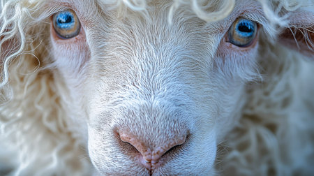 Close-up Portrait, White Sheep, Blue Eyes, Curly Wool, Studio Lighting, Livestock, Agricultureの素材