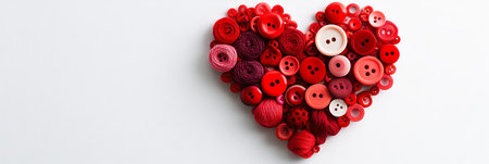Red Buttons and Thread Arranged in a Heart Shape on a White Background, Valentine s Day Conceptの素材