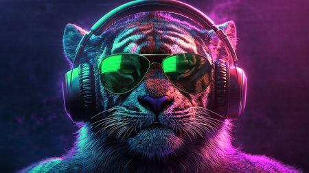 Cool Neon Party DJ Tiger with Headphones and Sunglasses, Embracing the Synthwave Aestheticの素材