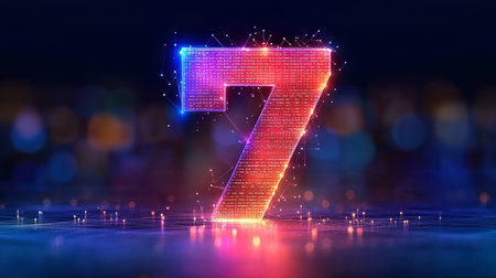 Glowing Digital 3D Number 7 in Futuristic Style with Network Connection on Abstract Backgroundの素材