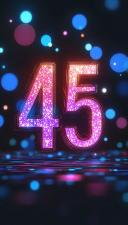 Glowing Number 45 with Bokeh Lights Celebration Background for Anniversaries and Birthdays.の素材