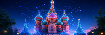 St. Basil s Cathedral in Moscow Illuminated at Night, Outlined by a Digital Network of Lights.の素材