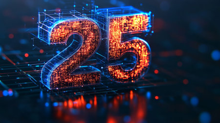 Glowing Digital Number 25, Abstract Futuristic Background Blue And Red Virtual Reality Concept.の素材