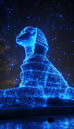 Blue Dotted Outline of the Great Sphinx in a Network, Giza, Egypt, Digital Network Styleの素材