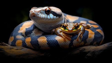 Serene Coexistence A Captivating Portrait of Snake and Frog Harmony on Black background.の素材