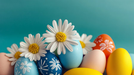 Colorful Easter Eggs Decorated with Gentle Daisies A Celebration of Spring and Renewalの素材