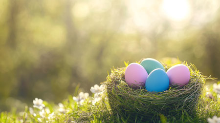 Nest with Colorful Easter Eggs, Spring Holiday Decoration on a Sunny Meadow Backgroundの素材
