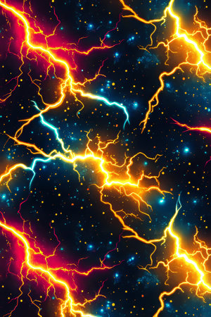 Vibrant Energy, Abstract Lightning Bolt Pattern on Starry Background, Power, Electricity Concept.の素材