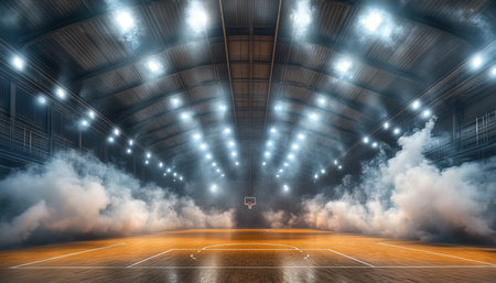 Empty Indoor Basketball Court Illuminated by Bright Spotlights, Enveloped in Smoke and Fogの素材