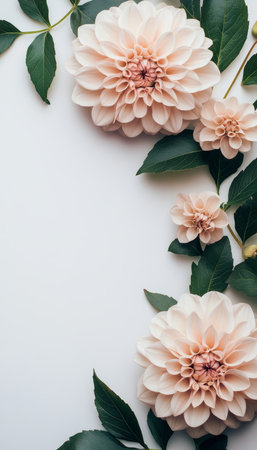Delicate Floral Frame Peach Dahlias and Green Leaves on White Background, Copy Spaceの素材