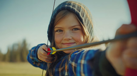 Young Female Archer Takes Aim, Outdoor Practice, Action Shot With Bow, Green Field, Blue Sky.の素材
