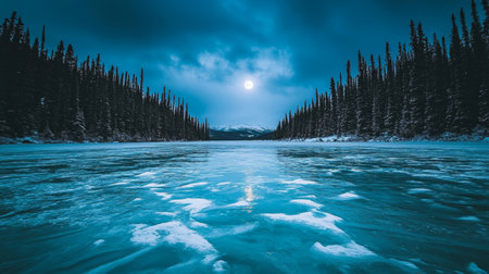 Winter. Frozen Lake under Moonlight - Snow-Covered Trees Reflected in Tranquil Winter Night.の素材