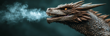 Fantasy Dragon Head. Breathing Smoke. Sharp Teeth. Scales and Spikes. Yellow Eye. Dramatic Artの素材