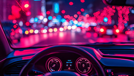 Night Driving Through City Lights View From Car Interior, Speedometer Focus, Blurred Background.の素材
