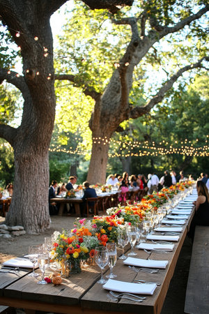 Enchanted Forest Wedding Reception, Long Table with Bright Flowers, Fairy Lights, Celebrating Guestsの素材