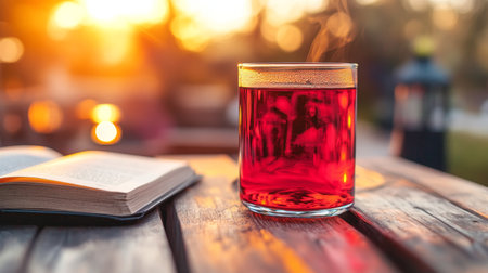 Warm Evening with Book and Herbal Tea, Cozy Autumn Atmosphere on Wooden Table at Sunsetの素材