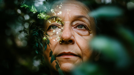 Tranquility And Time Senior Woman Merged With Nature In Artistic Double Exposure Portraitの素材