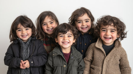 Five Joyful Children, Siblings or Friends, Sharing a Happy Moment Together on a White Background.の素材