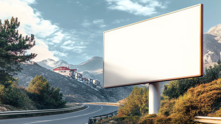 Empty Billboard On Mountain Highway Road, Advertising Mockup, Rural Landscape Backgroundの素材