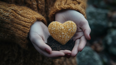 Woolen Heart, Hands, Soil, Love, Care, Nature, Environment, Growth, Sustainable Living, Handmadeの素材