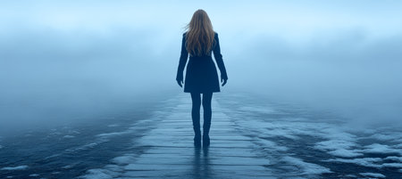 Woman Walking Away On A Foggy Pier, Representing Depression, Addiction, And Mental Health.の素材