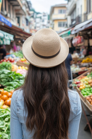 Young Woman Explores Vibrant Farmer s Market, Embracing Fresh Produce and Local Communityの素材