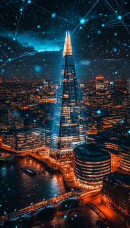 Illuminated Cityscape of London at Night with Modern Architecture Connecting Digital Networkの素材