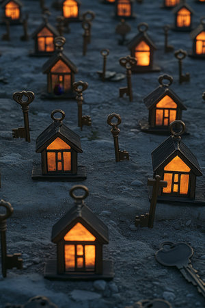 Glowing Miniature Houses, and Keys Create a Dreamy Real Estate Stock Photo Background.の素材