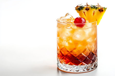 Refreshing Tropical Cocktail on Ice with Pineapple Wedge and Cherry, Isolated on White Backgroundの素材