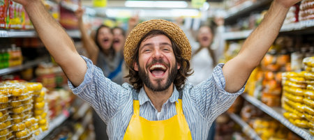 Vibrant salesperson showcasing colorful product amidst excited customers and promotional bannersの素材