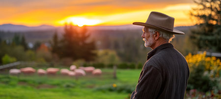 Senior Farmer Reflecting on Livestock and Country Life as the Golden Sunset Illuminates His Ranchの素材