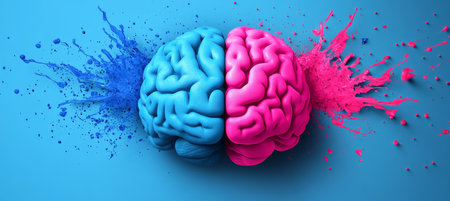 Creative vs. Logical A 3D Render of a Brain Divided, Symbolizing Left and Right Hemispheresの素材