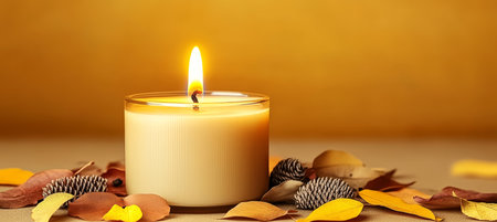 Warm Autumn Scented Candle and Dried Leaves Creating a Cozy, Comforting Home Atmosphereの素材