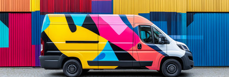 Vibrant Custom-Painted Delivery Van with Abstract Design, Parked in Front of Colorful Metal Wallの素材
